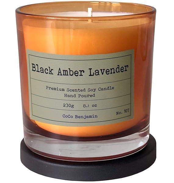 Highly Scented 100% Soy Candle Black Amber Lavender Hand Poured for Relaxation and Aromatherapy