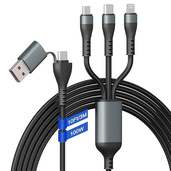 100W USB C to Multi Fast Charging Cable 3M/10Ft USB A/C to 3-in-1 Long Charging Cord with Type C +Micro USB +Lightning Connector Universal Charger for Laptop iPhone i-Pad