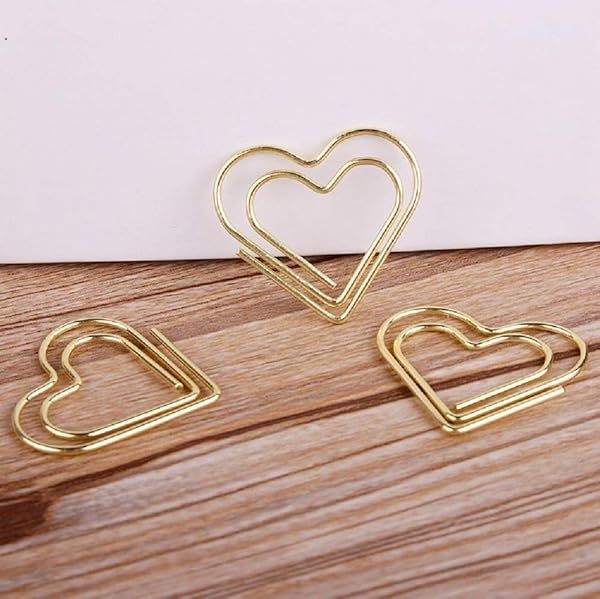 12Pcs Heart Shape Paper Clips - Golden Metal Document Clips for School & Office Organization