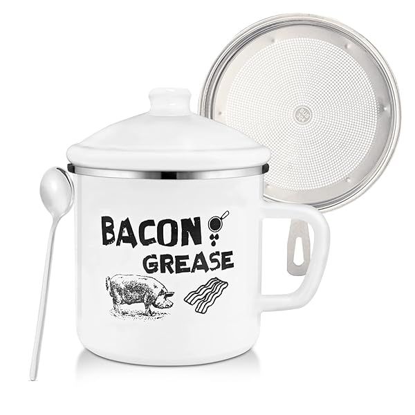 1.5L Bacon Grease Container with Strainer Large Enamel Rustic Farmhouse Fat Keeper with Lid and Spoon for Kitchen Cooking and Frying Oil