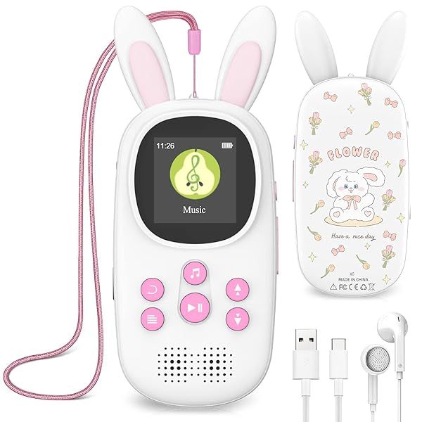 16GB Kids MP3 Player - Cute Bunny Design, Bluetooth, FM Radio, Recordings & More - Supports Up to 128GB!