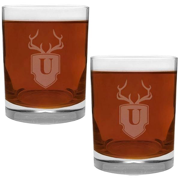 Engraved Antler and Shield U-Letter Monogram 2 Piece Glass Set 13.5 Ounce