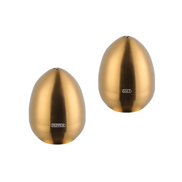 Gold Salt and Pepper Shakers 2 Piece Set Cute Egg Shape Stainless Steel Condiment Jar for Home and Kitchen Utensils