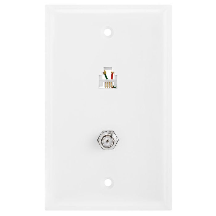 Cmple Combo Phone/Video Jack Plate - F-Type Coaxial & RJ11 Wall Plate, White | Single Gang Connectivity Solution