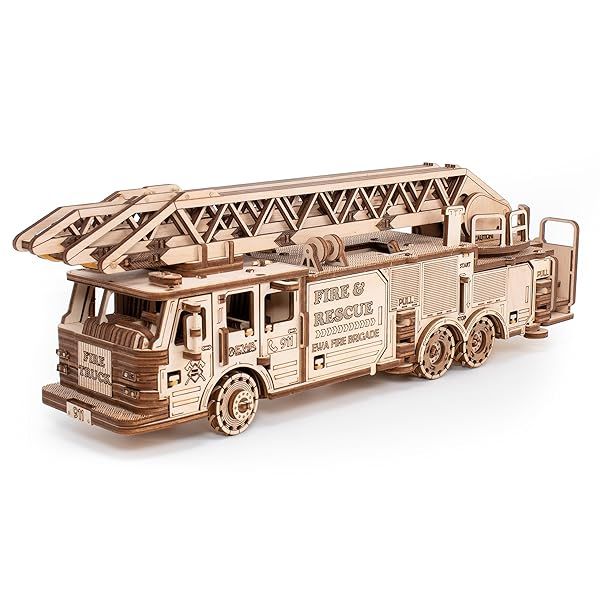 3D Wooden Puzzle Fire Truck Mechanical Model Kit DIY with Wind Up Mechanism Adjustable Ladder Eco Wood Art for Ages 15 and Up 439 Pieces