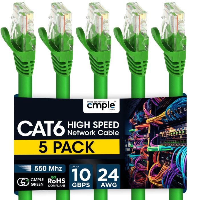 Cmple 5 Pack Cat6 Ethernet Cables - High Speed 5ft Snagless RJ45 Network Cables for Fast Internet Connection
