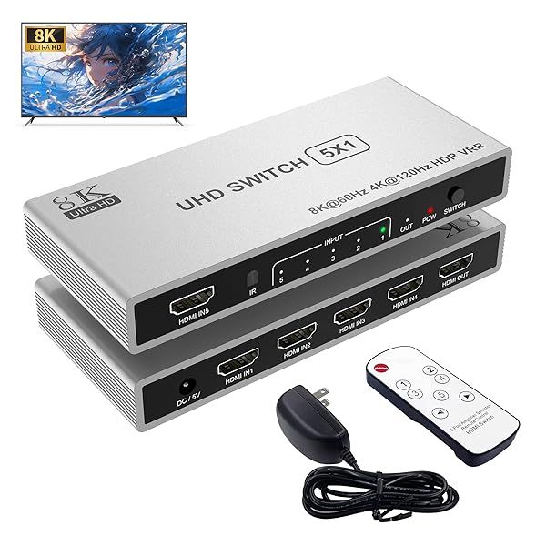 5 Port HDMI 8K Switch with Remote 4K120Hz 8K60Hz 48Gbps HDR10 Dolby for PS5 PS4 Xbox X TV