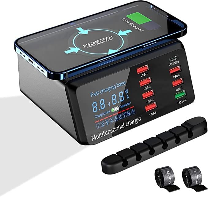 ASOMETECH 100W 8-Port USB Charger Hub: Fast Charging for iPhone 12, Tablets & More with PD, Quick Charge 3.0 & Wireless Charging