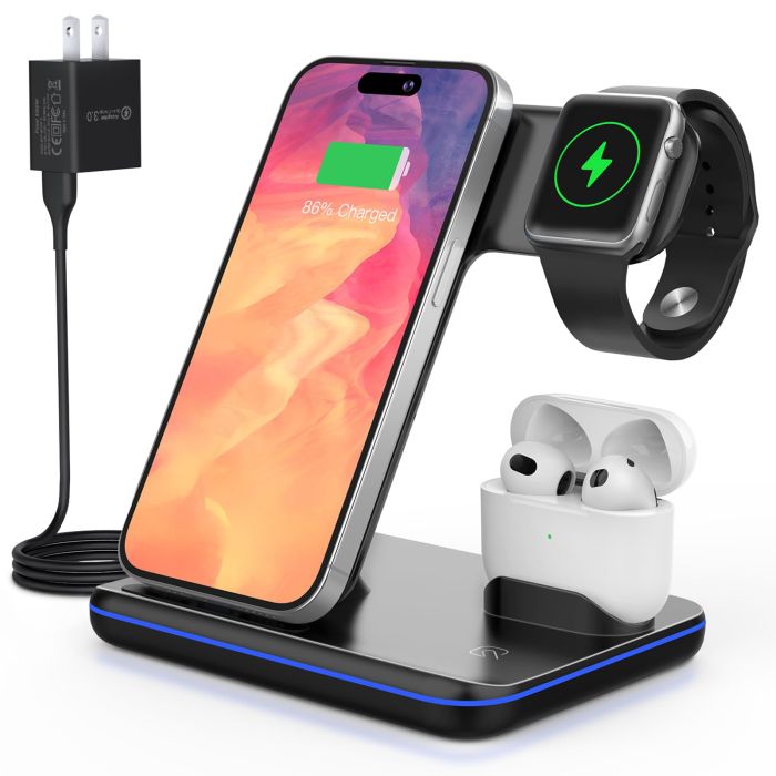 3-in-1 Wireless Charger: 15W Fast Charging Station for iPhone, iWatch & AirPods with Cool Lights - Compact & Tidy Design!