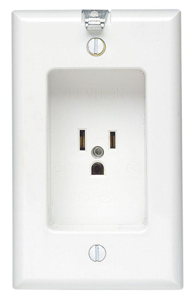 Leviton 688-W Recessed Single Receptacle: 15 Amp, 125V, Residential Grade with Clock Hanger Hook - White