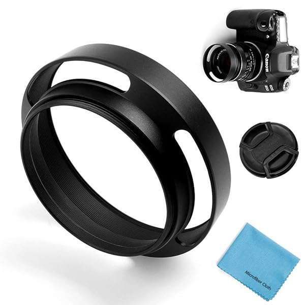52mm Universal Metal Hollow Lens Hood & Center Pinch Cap for Canon, Nikon, Sony, Leica + Microfiber Cloth - Sunshade & Protection