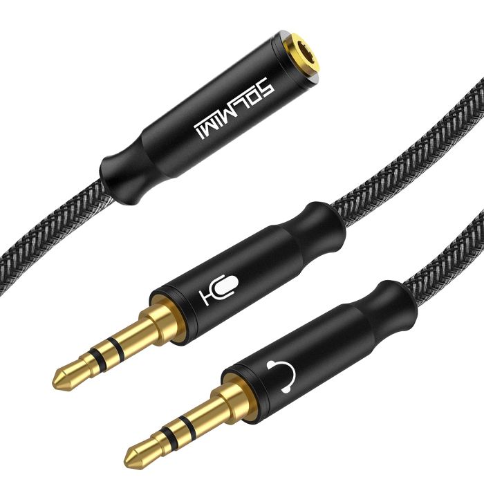 SOLMIMI 3.5mm Headset Splitter Cable for PC - Dual TRS Male Y Adapter, Crystal-Nylon Braid, Matte Black, 0.3M