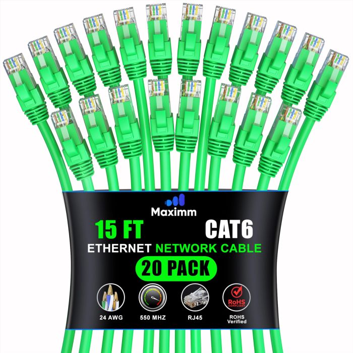 Maximm Cat 6 Ethernet Cable 15 ft (20-Pack) - High-Speed 10Gbps LAN & Network Cables - UTP, 550MHz, Green