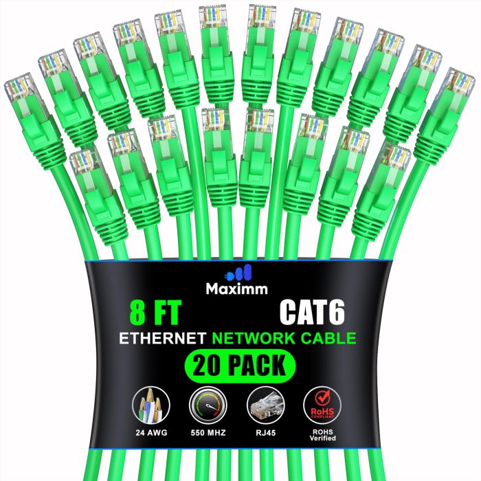 Maximm Cat 6 Ethernet Cable 25 ft (20-Pack) - High-Speed 10Gbps Network Cable, UTP, 550MHz - Green Patch Cord