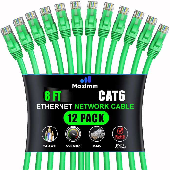 Maximm Cat 6 Ethernet Cable 8ft (12-Pack) - High-Speed 10Gbps LAN & Network Cable - UTP, 550MHz, Green