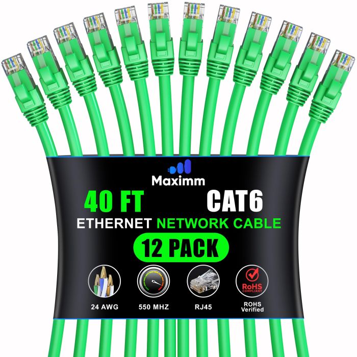 Maximm Cat 6 Ethernet Cable 40ft (12-Pack) - High-Speed 10Gbps LAN & Network Cables - UTP, 550MHz, Green