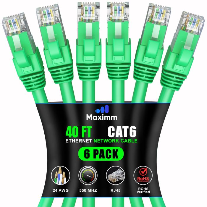 Maximm Cat 6 Ethernet Cable 40ft (6-Pack) - High-Speed 10Gbps LAN & Network Cable - UTP, 550MHz, Green