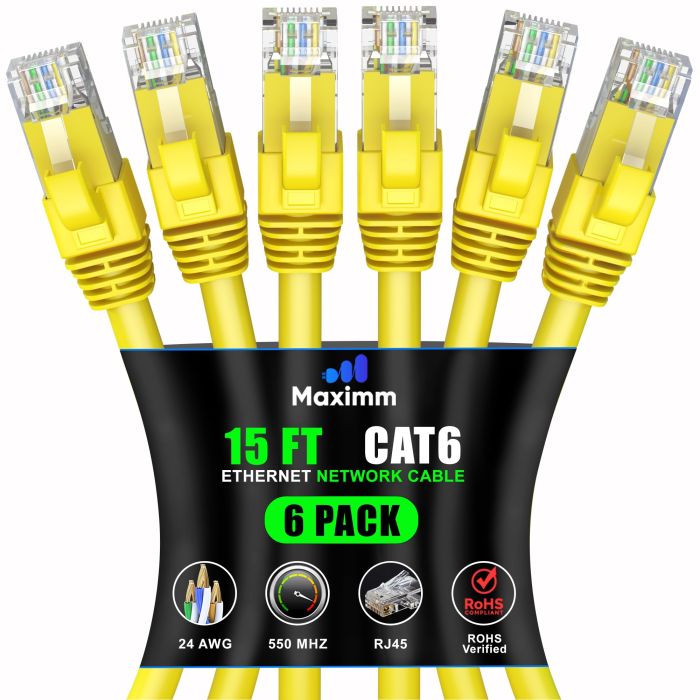 Maximm Cat 6 Ethernet Cable 15 ft (6-Pack) - High-Speed 10Gbps LAN & Network Cables - Yellow UTP Patch Cord