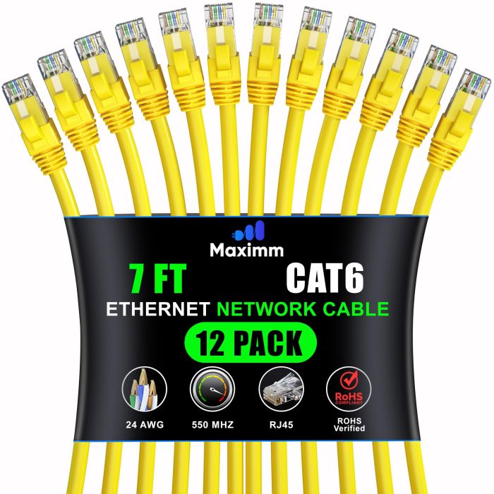 Maximm Cat 6 Ethernet Cable 7ft (12-Pack) - High-Speed 10Gbps LAN & Network Cable - Yellow UTP, 550MHz Patch Cord