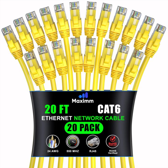 Maximm Cat 6 Ethernet Cable 20 ft (20-Pack) - High-Speed 10Gbps LAN & Network Cables - Yellow UTP Patch Cords