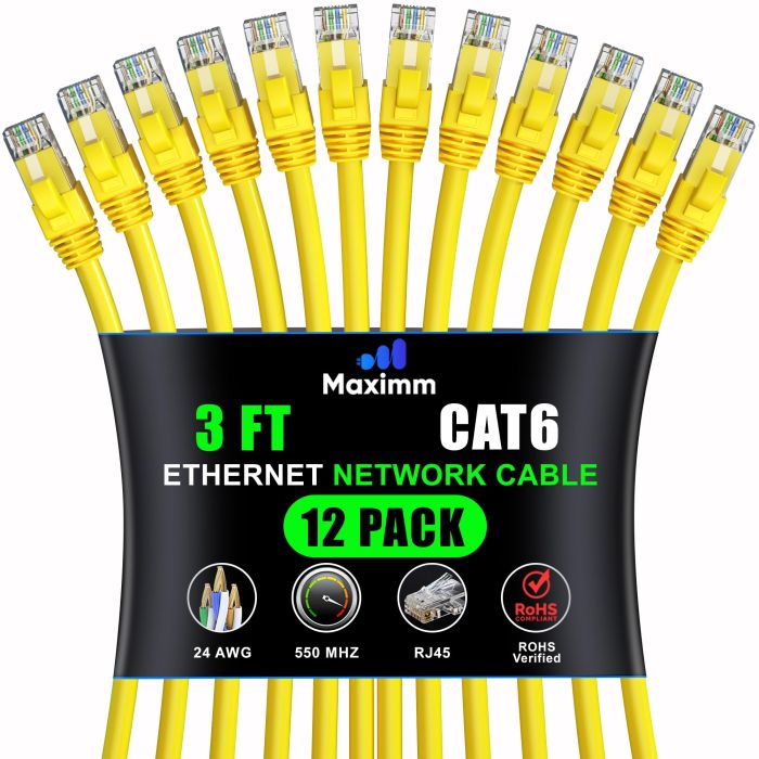 Maximm Cat 6 Ethernet Cable 3ft (12-Pack) - High-Speed 10Gbps LAN & Network Cable - Yellow UTP, 550MHz Patch Cord