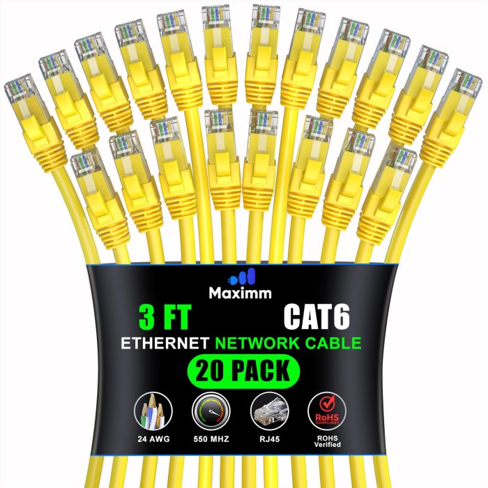 Maximm Cat 6 Ethernet Cable 3ft (20-Pack) - High-Speed 10Gbps LAN & Network Cables - Yellow UTP Patch Cords