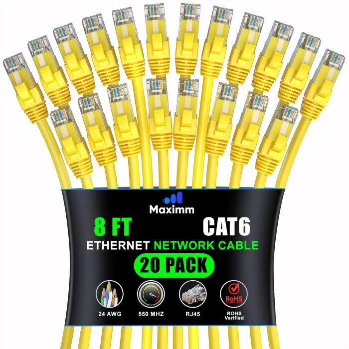 Maximm Cat 6 Ethernet Cable 8ft (20-Pack) - High-Speed 10Gbps LAN & Network Cables - Yellow UTP Patch Cords