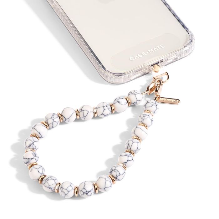 Case-Mate Beaded Marble Phone Charm & Anti-Theft Strap | Hands-Free Wristlet for iPhone, Samsung, Google Pixel - White Marble
