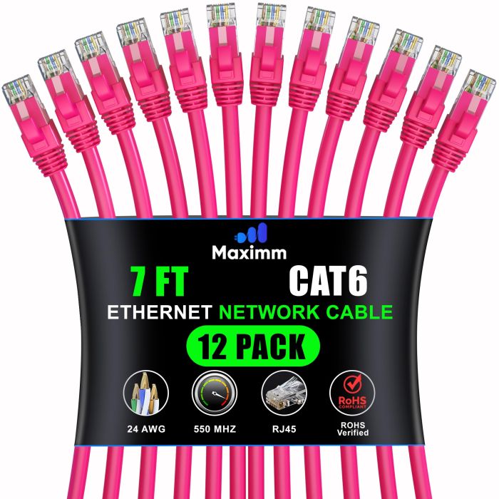 Maximm Cat 6 Ethernet Cable 7ft (12-Pack) - High-Speed 10Gbps LAN & Network Cable - Pink UTP Patch Cord