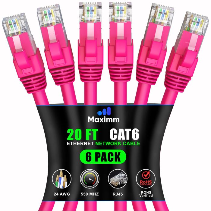 Maximm Cat 6 Ethernet Cable 20ft (6-Pack) - High-Speed 10Gbps Network Cable - Pink UTP Patch Cord for Fast Internet