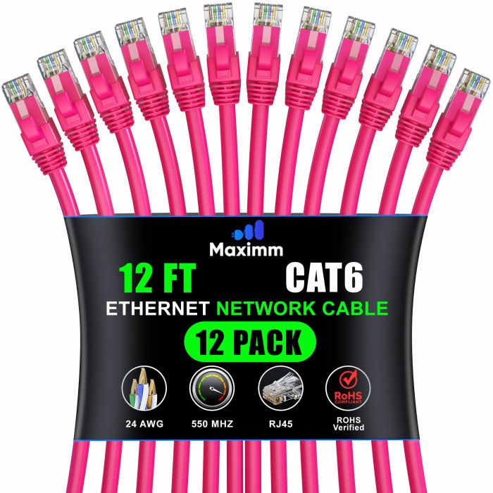 Maximm Cat 6 Ethernet Cable 12 ft (12-Pack) - High-Speed 10Gbps Network Cable in Pink for Fast Internet & LAN Connections
