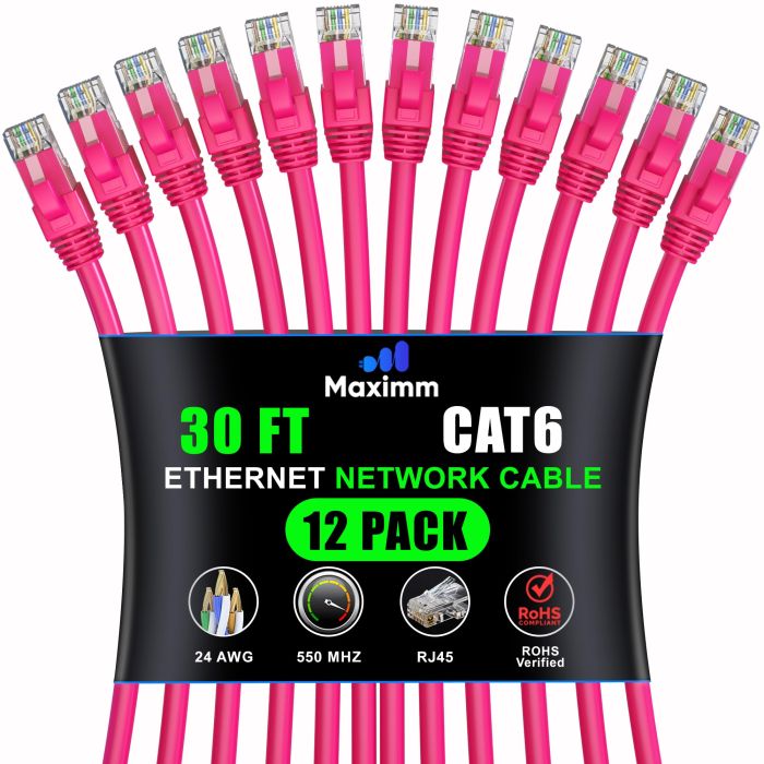 Maximm Cat 6 Ethernet Cable 30ft (12-Pack) - High-Speed 10Gbps Network Cable - Pink UTP Patch Cord for Fast Internet