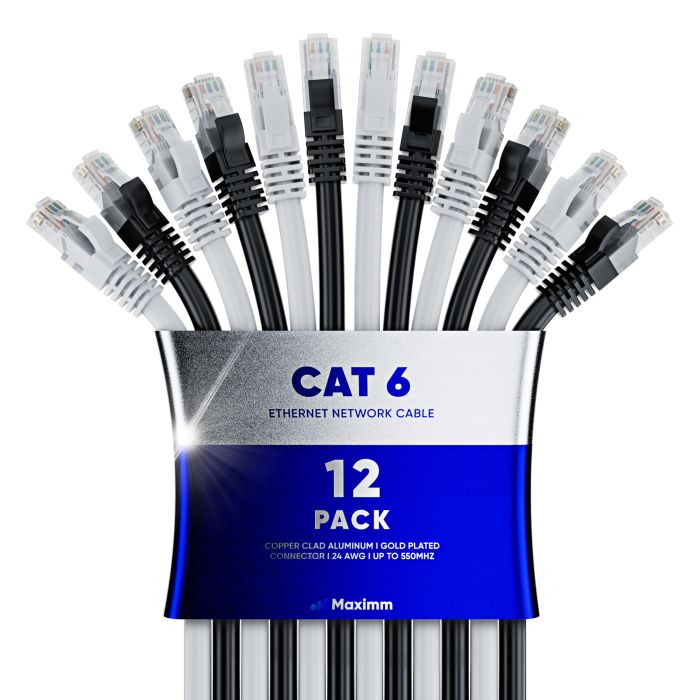 Maximm Cat 6 Ethernet Cable 3ft (12-Pack) - High-Speed 10Gbps LAN & Network Cables - UTP, 550MHz, Black & White