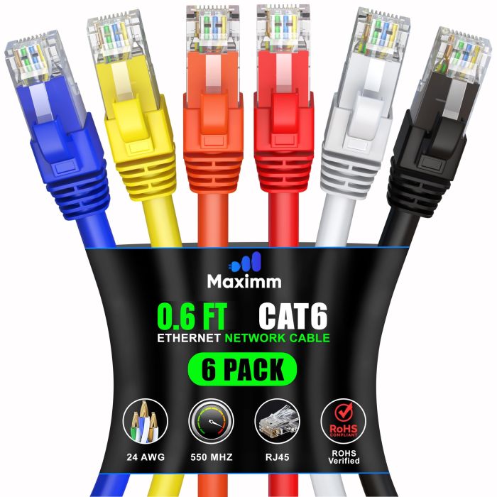 Maximm Cat 6 Ethernet Cable 2ft (12-Pack) - High-Speed 10Gbps LAN & Network Cables - UTP, 550MHz, Multicolor