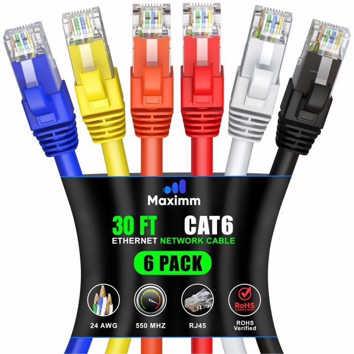 Maximm Cat 6 Ethernet Cable 30ft (12-Pack) - High-Speed 10Gbps LAN & Network Cables - UTP, 550MHz, Multicolor