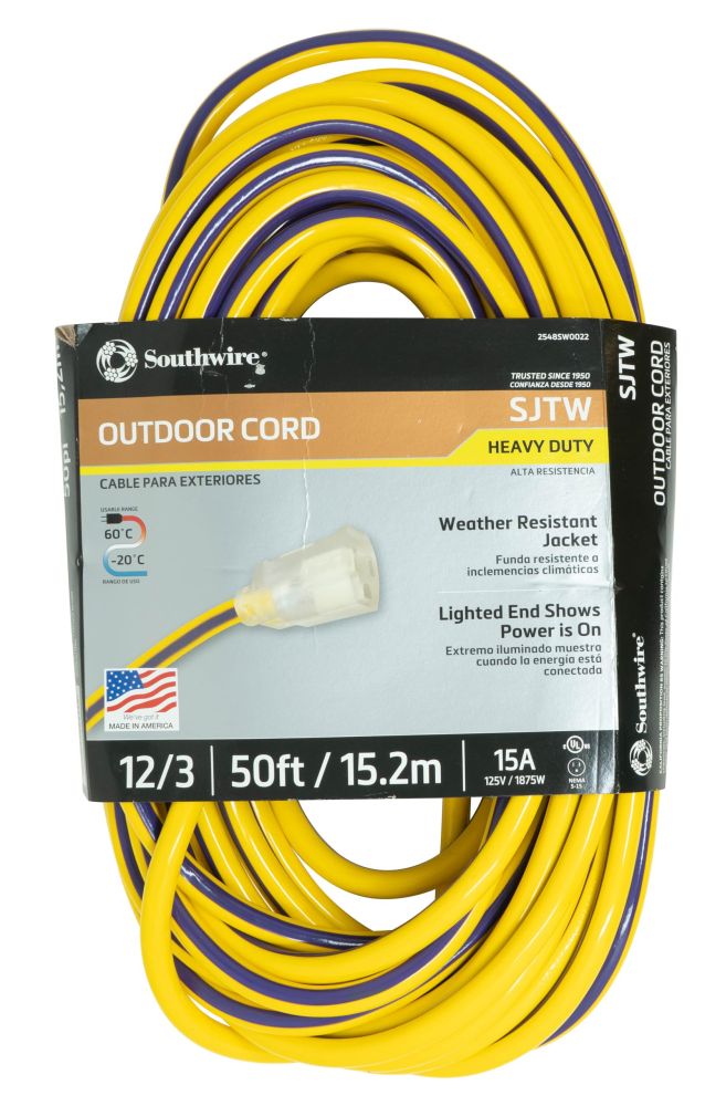 Southwire 2548SW0022 50-Foot 12/3 Outdoor Extension Cord - Durable Yellow/Purple, American Made