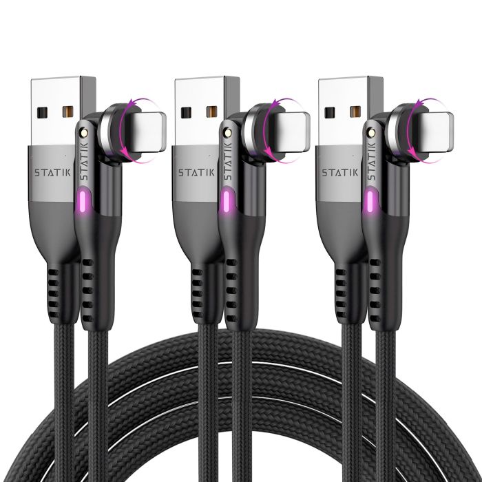 Statik PowerPivot 12W USB to iPhone Compatible Charging Cable - Right Angle Cable with 360 Degree Rotating Head, 90 Degree Swivel, iPhone Compatible Charging Cable & Data Transfer - 3FT/1M 3-Pack