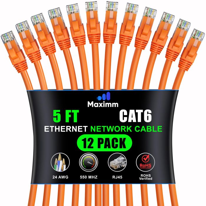 Maximm Cat 6 Ethernet Cable 5ft (12-Pack) - High-Speed 10Gbps LAN & Network Cable - UTP, 550MHz, Orange
