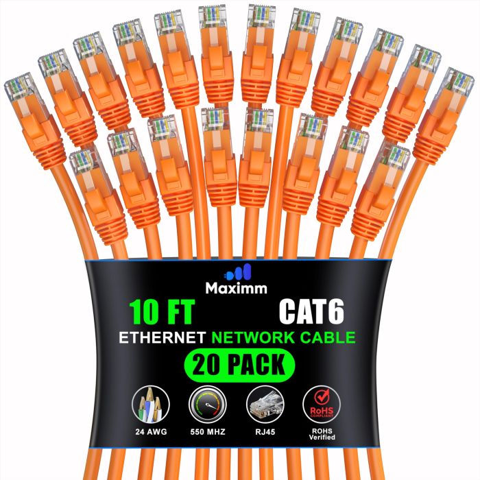 Maximm Cat 6 Ethernet Cable 3ft (20-Pack) - High-Speed 10Gbps LAN & Network Cables - UTP, 550MHz, Orange