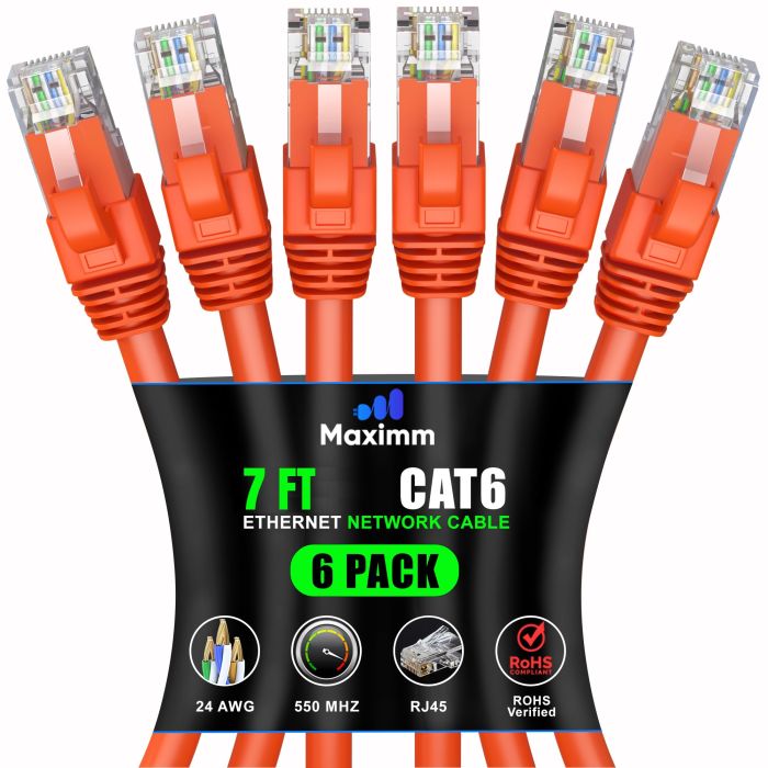 Maximm Cat 6 Ethernet Cable 7ft (6-Pack) - High-Speed 10Gbps LAN & Network Cable - UTP, 550MHz, Orange