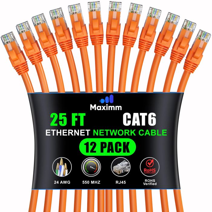 Maximm Cat 6 Ethernet Cable 25 ft (12-Pack) - High-Speed 10Gbps LAN & Network Cables - UTP, 550MHz, Orange