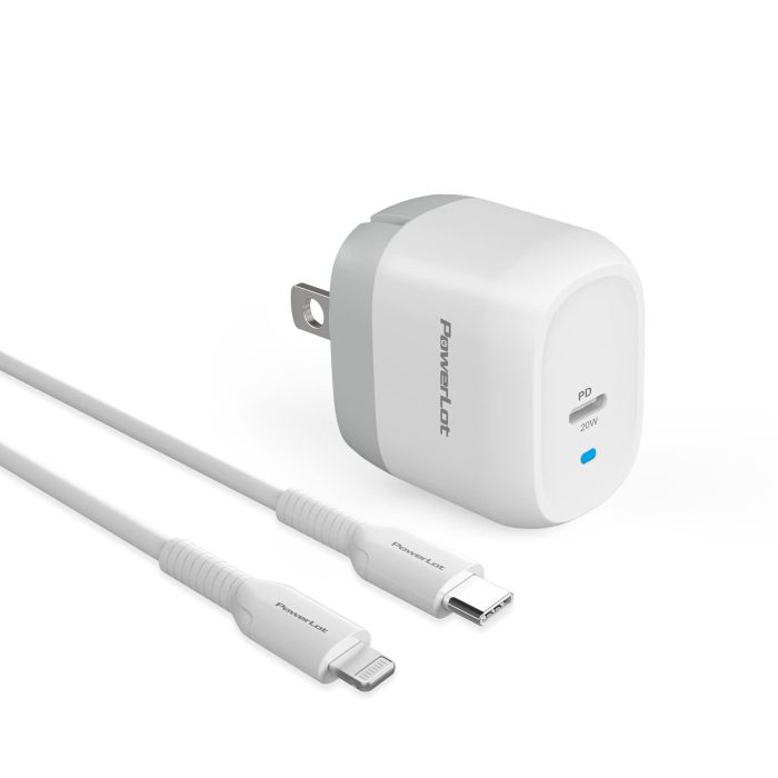 PowerLot 20W GaN USB-C Charger & 4ft Lightning Cable for iPhone 15/14/13/12, iPad Pro, AirPods - MFi Certified & Foldable