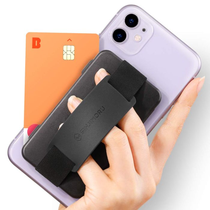 Sinjimoru Black Cell Phone Card Holder Wallet Case - Secure Silicone Stand & Zip for Cards