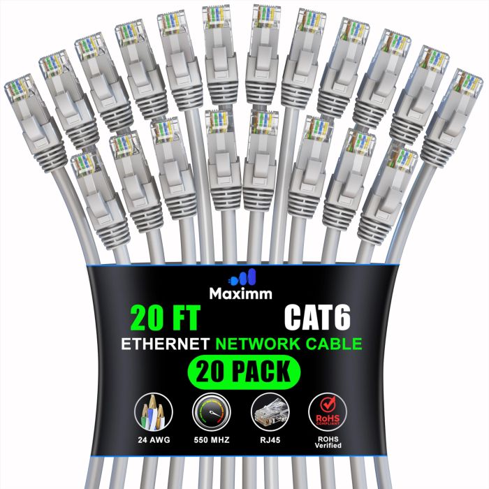 Maximm Cat 6 Ethernet Cable 15 ft (20-Pack) - High-Speed 10Gbps LAN & Network Cables - UTP, 550MHz, Gray