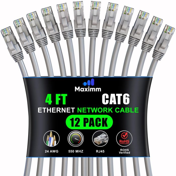 Maximm Cat 6 Ethernet Cable 4ft (12-Pack) - High-Speed 10Gbps LAN & Network Cables - UTP, 550MHz, Gray