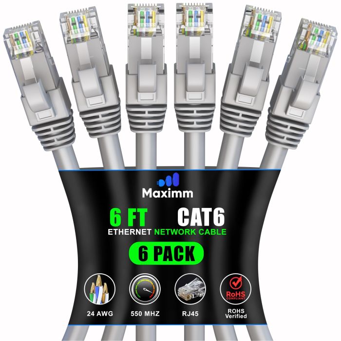Maximm Cat 6 Ethernet Cable 6 ft (6-Pack) - High-Speed 10Gbps LAN & Network Cables - UTP, 550MHz, Gray