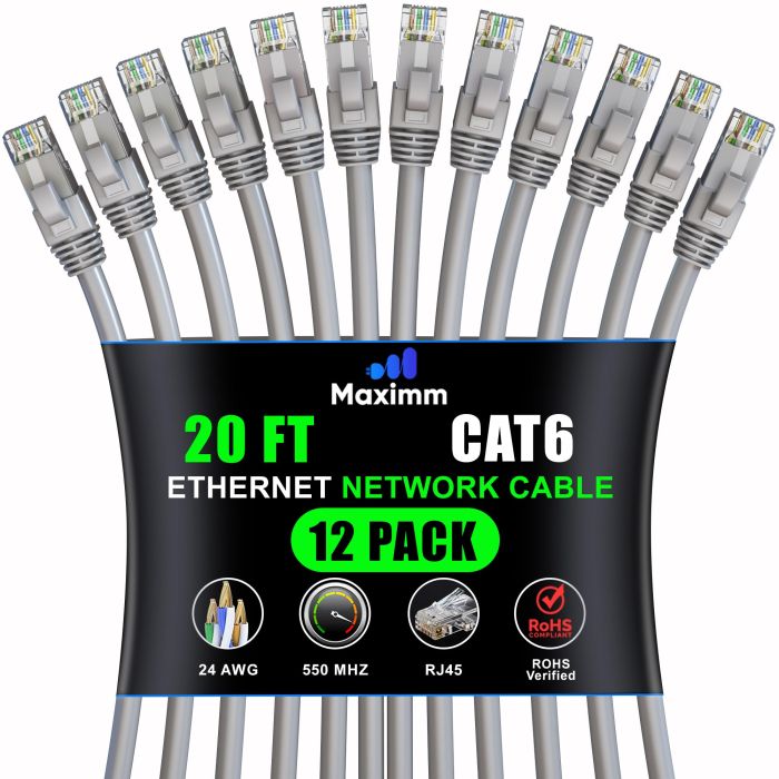 Maximm Cat 6 Ethernet Cable 20 ft (12-Pack) - High-Speed 10Gbps LAN & Network Cables - UTP, 550MHz, Gray