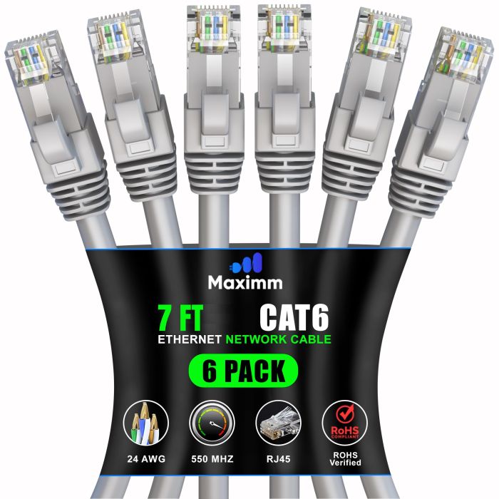 Maximm Cat 6 Ethernet Cable 7ft (6-Pack) - High-Speed 10Gbps LAN & Network Cables - UTP, 550MHz, Gray