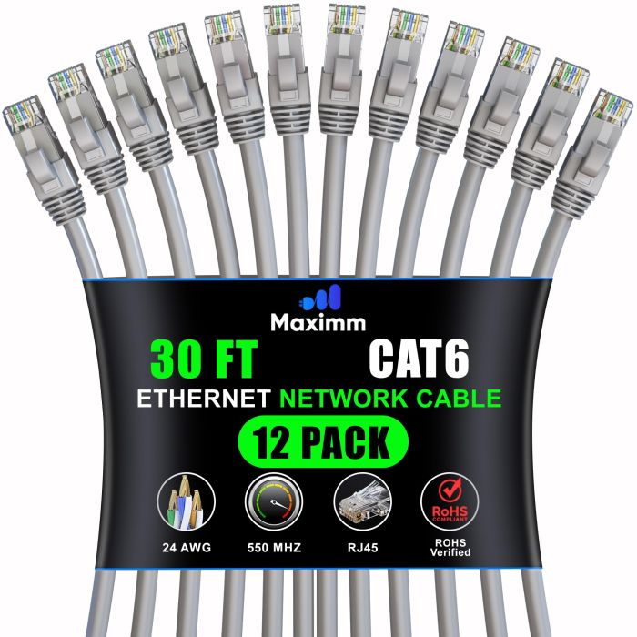 Maximm Cat 6 Ethernet Cable 30ft (12-Pack) - High-Speed 10Gbps LAN & Network Cables - UTP, 550MHz, Gray