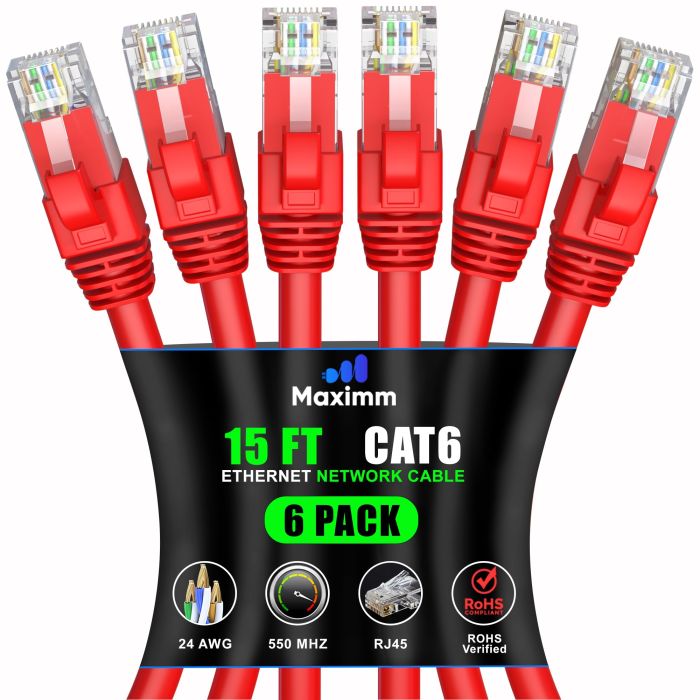 Maximm Cat 6 Ethernet Cable 15 ft (6-Pack) - High-Speed 10Gbps LAN & Network Cables - Red UTP Patch Cord for Fast Internet